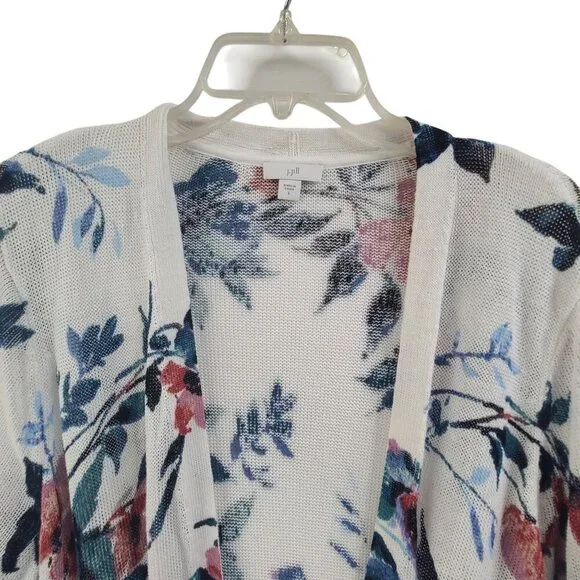 J. Jill Floral Linen Open Duster Cardigan Size Large White Spring Watercolor - Picture 6 of 10